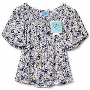 CeCe – Blue Floral Smocked Puffed Sleeve Blouse – Size S – NWT Cottagecore Boho